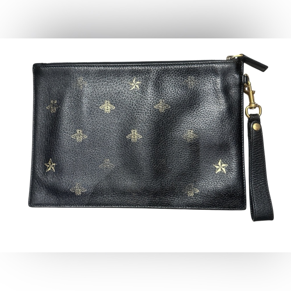 Preloved Authentic Gucci Bee Star Clutch- Black Leather Wristlet